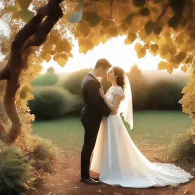 Under the warm sunset, the young couple held hands and shared a passionate, romantic kiss in the garden surrounded by cutin-covered leaves.
