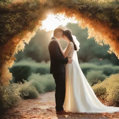 Under the warm sunset, the young couple held hands and shared a passionate, romantic kiss in the garden surrounded by cutin-covered leaves.