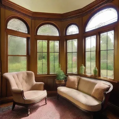 The sun parlor of the Victorian-style house features large glass windows and a cozy seating area to enjoy the natural sunlight.