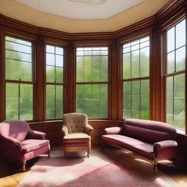 The sun parlor of the Victorian-style house features large glass windows and a cozy seating area to enjoy the natural sunlight.