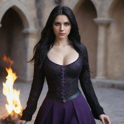 shote by sony alpha ii, medieval beatifull, bigb boobs, sexy full body, black hair girl with purple eyes with fire aura behind, 23 years old, she is a piro controler, black clothes, sexy, piromancer, in ocation place, charmOfTheRealm, hiper realist, high detailed,hd 4k