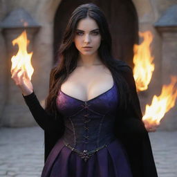 shote by sony alpha ii, medieval beatifull, bigb boobs, sexy full body, black hair girl with purple eyes with fire aura behind, 23 years old, she is a piro controler, black clothes, sexy, piromancer, in ocation place, charmOfTheRealm, hiper realist, high detailed,hd 4k