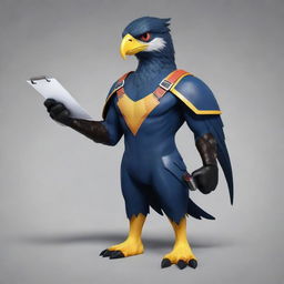 Craft a 2D representation of ReactHawk, a sleek and sharp hawk mascot with keen eyes and a focused persona. Holding a clipboard in its talons, it should reflect precision in reactions and tier lists, serving as a vigilant guide in the world of ratings.