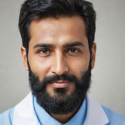 Alter the previous image to feature the handsome Indian doctor with a well-groomed, full beard, adding to his attractive appearance