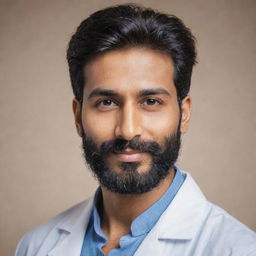 Alter the previous image to feature the handsome Indian doctor with a well-groomed, full beard, adding to his attractive appearance