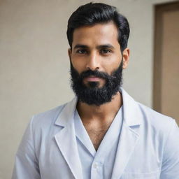 Alter the previous image to feature the handsome Indian doctor with a well-groomed, full beard, adding to his attractive appearance