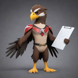 Craft a 2D representation of ReactHawk, a sleek and sharp hawk mascot with keen eyes and a focused persona. Holding a clipboard in its talons, it should reflect precision in reactions and tier lists, serving as a vigilant guide in the world of ratings.