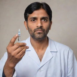 Modify the previous image to show the Indian doctor holding a noticeably large injection, his expression still conveying calm professionalism