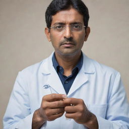 Modify the previous image to show the Indian doctor holding a noticeably large injection, his expression still conveying calm professionalism