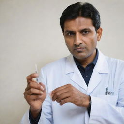 Modify the previous image to show the Indian doctor holding a noticeably large injection, his expression still conveying calm professionalism