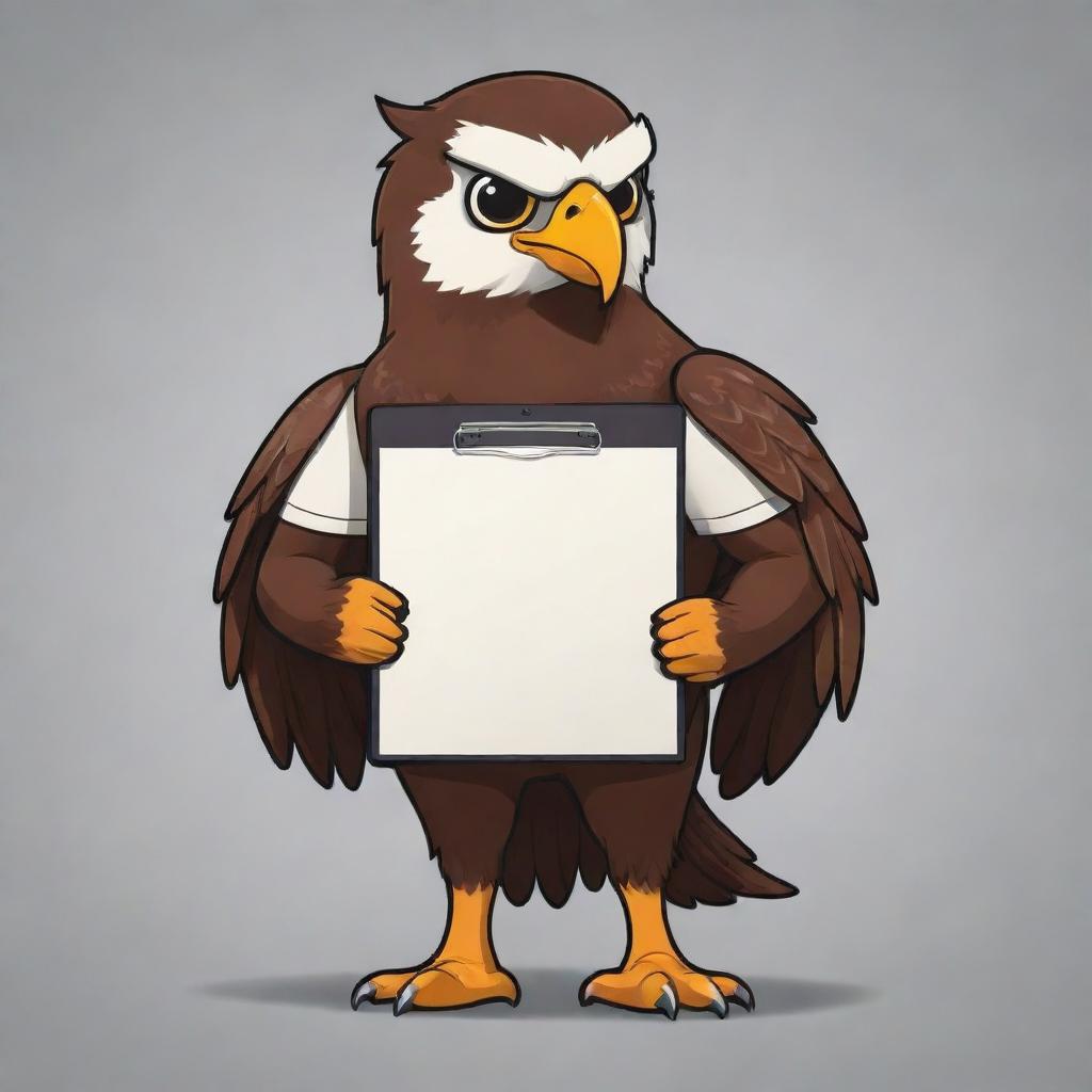 Create a 2D sleek mascot of a hawk named ReactHawk. With keen eyes, a focused demeanor, and a clipboard in its talons, this mascot symbolizes precision and vigilance in presenting reactions and tier lists in the world of ratings.