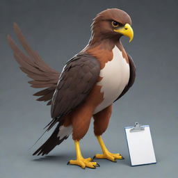 Create a 2D sleek mascot of a hawk named ReactHawk. With keen eyes, a focused demeanor, and a clipboard in its talons, this mascot symbolizes precision and vigilance in presenting reactions and tier lists in the world of ratings.