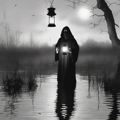 The horror movie depicted a terrifiying friar's lantern floating eerily over the marshy ground at night.