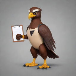 Create a 2D sleek mascot of a hawk named ReactHawk. With keen eyes, a focused demeanor, and a clipboard in its talons, this mascot symbolizes precision and vigilance in presenting reactions and tier lists in the world of ratings.