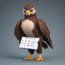 Create a 2D sleek mascot of a hawk named ReactHawk. With keen eyes, a focused demeanor, and a clipboard in its talons, this mascot symbolizes precision and vigilance in presenting reactions and tier lists in the world of ratings.