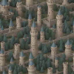 Create a detailed and vibrant kingdom with architecture modeled after chess pieces, incorporating elements like rooks as castles, bishops' spires as church towers, and knights as statues within the realm.