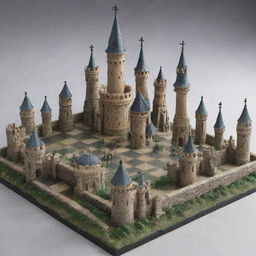 Create a detailed and vibrant kingdom with architecture modeled after chess pieces, incorporating elements like rooks as castles, bishops' spires as church towers, and knights as statues within the realm.