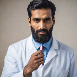 A striking image of a tall, handsome Indian doctor with a well-groomed beard, preparing to inject an IV needle with a calm and professional demeanor