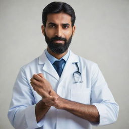 A striking image of a tall, handsome Indian doctor with a well-groomed beard, preparing to inject an IV needle with a calm and professional demeanor