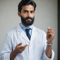 A striking image of a tall, handsome Indian doctor with a well-groomed beard, preparing to inject an IV needle with a calm and professional demeanor