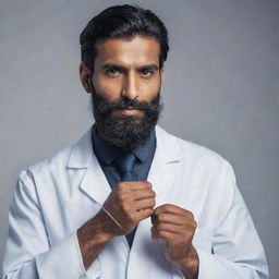 A striking image of a tall, handsome Indian doctor with a well-groomed beard, preparing to inject an IV needle with a calm and professional demeanor