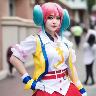 She dressed fashionably for the anime convention, wearing a colorful wig and a cosplay outfit.