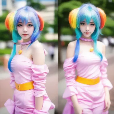 She dressed fashionably for the anime convention, wearing a colorful wig and a cosplay outfit.