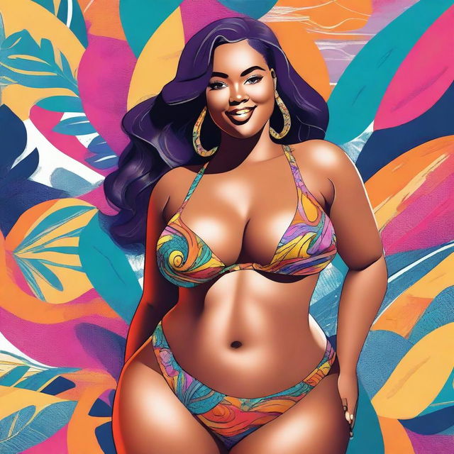 A digital art piece showcasing a voluptuous woman, radiating body positivity