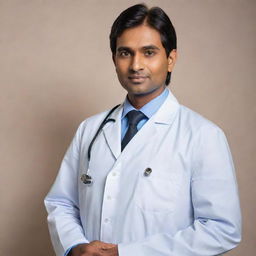 Enhance the previous image to portray the Indian doctor as a hero, his stature tall and authoritative, his expression confident and assertive, like a true savior in a medical scene