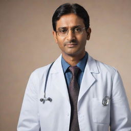 Enhance the previous image to portray the Indian doctor as a hero, his stature tall and authoritative, his expression confident and assertive, like a true savior in a medical scene