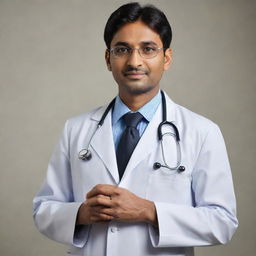 Enhance the previous image to portray the Indian doctor as a hero, his stature tall and authoritative, his expression confident and assertive, like a true savior in a medical scene