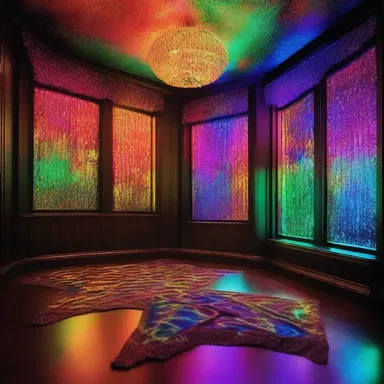 The wizard cast a spell and the optics of the room changed, filling it with shimmering lights and colors.