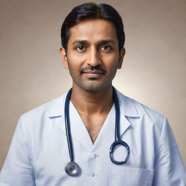 Enhance the previous image to portray the Indian doctor as a hero, his stature tall and authoritative, his expression confident and assertive, like a true savior in a medical scene