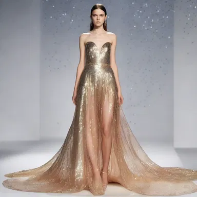 The designer used the optics of mirror-like sequins on the dress to create an illusion of a sparkling waterfall.