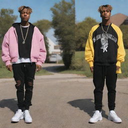 Generate a series of images featuring the artist Juice Wrld in different poses and environments, capturing his persona and musical style.