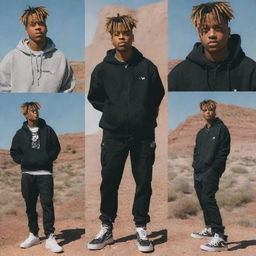 Generate a series of images featuring the artist Juice Wrld in different poses and environments, capturing his persona and musical style.