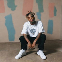 Generate a series of images featuring the artist Juice Wrld in different poses and environments, capturing his persona and musical style.