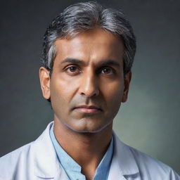 Embellish the previous heroic Indian doctor's image to amplify his attractiveness further, emphasizing his enchanting eyes, chiselled features, imposing stature, and charismatic aura