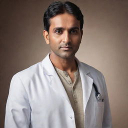 Embellish the previous heroic Indian doctor's image to amplify his attractiveness further, emphasizing his enchanting eyes, chiselled features, imposing stature, and charismatic aura