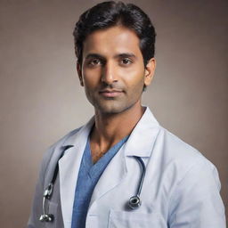 Embellish the previous heroic Indian doctor's image to amplify his attractiveness further, emphasizing his enchanting eyes, chiselled features, imposing stature, and charismatic aura