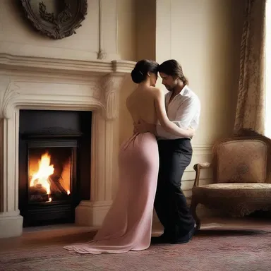As they sat by the fireplace, he gently caressed her rump, a loving gesture that made her blush.
