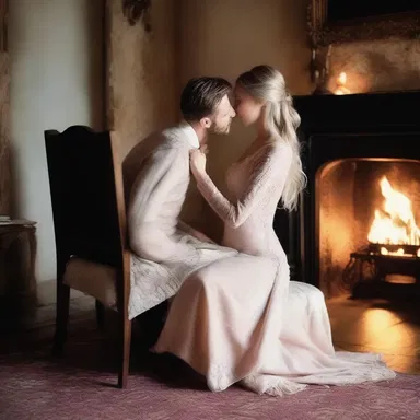 As they sat by the fireplace, he gently caressed her rump, a loving gesture that made her blush.