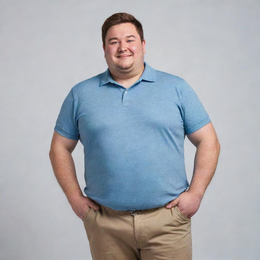 A cheerful chubby man dressed in casual attire standing confidently