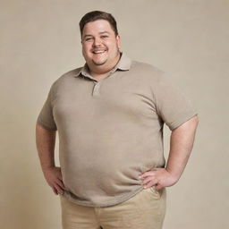 A cheerful chubby man dressed in casual attire standing confidently