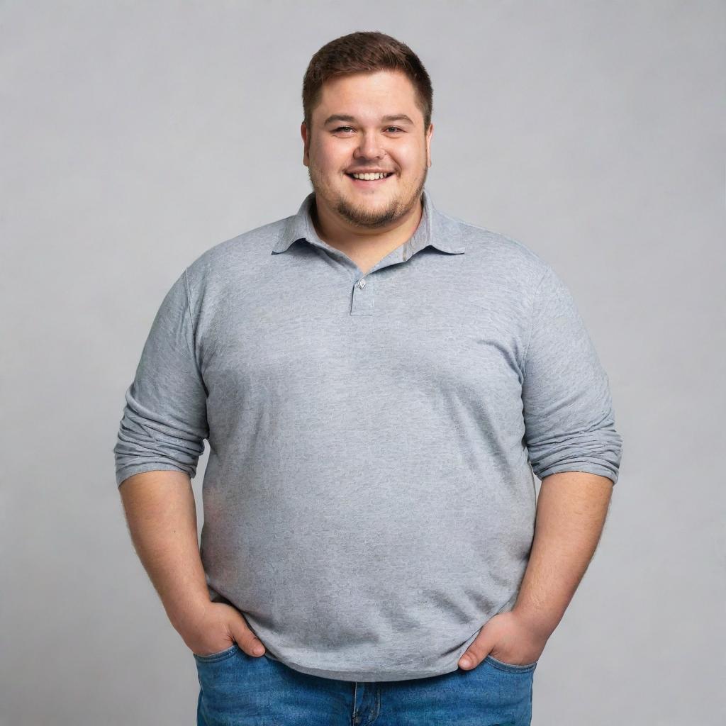 A cheerful chubby man dressed in casual attire standing confidently