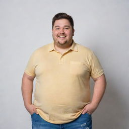 A cheerful chubby man dressed in casual attire standing confidently