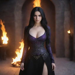 shote by sony alpha ii, medieval beatifull, bigb boobs, sexy full body, black hair girl with purple eyes with fire aura behind, 23 years old, she is a piro controler, black clothes, sexy, piromancer, in ocation place, charmOfTheRealm, hiper realist, high detailed,hd 4k