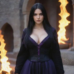 shote by sony alpha ii, medieval beatifull, bigb boobs, sexy full body, black hair girl with purple eyes with fire aura behind, 23 years old, she is a piro controler, black clothes, sexy, piromancer, in ocation place, charmOfTheRealm, hiper realist, high detailed,hd 4k