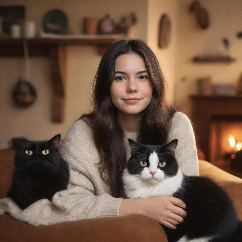 Disney Pixar-inspired image of a brunette girl and her black and white cat in a warm, cozy setting