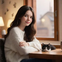 Disney Pixar-inspired image of a brunette girl and her black and white cat in a warm, cozy setting